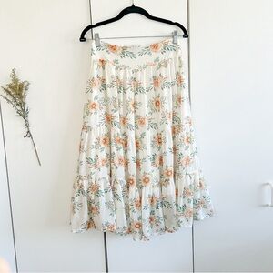 White A-Line Tier  Skirt with Orange Floral Design • Sz S